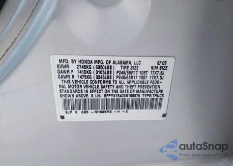 2009 Honda Ridgeline z USA, uszkodzony, nr VIN 5FPY16409B106578